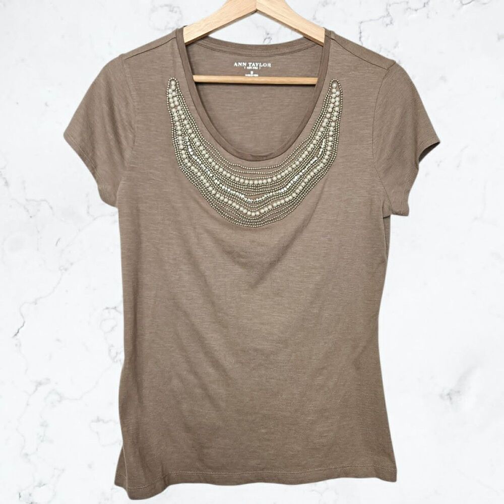 New Ann Taylor Light Brown Pearl & Rhinestone Embellished Cotton T-Shirt